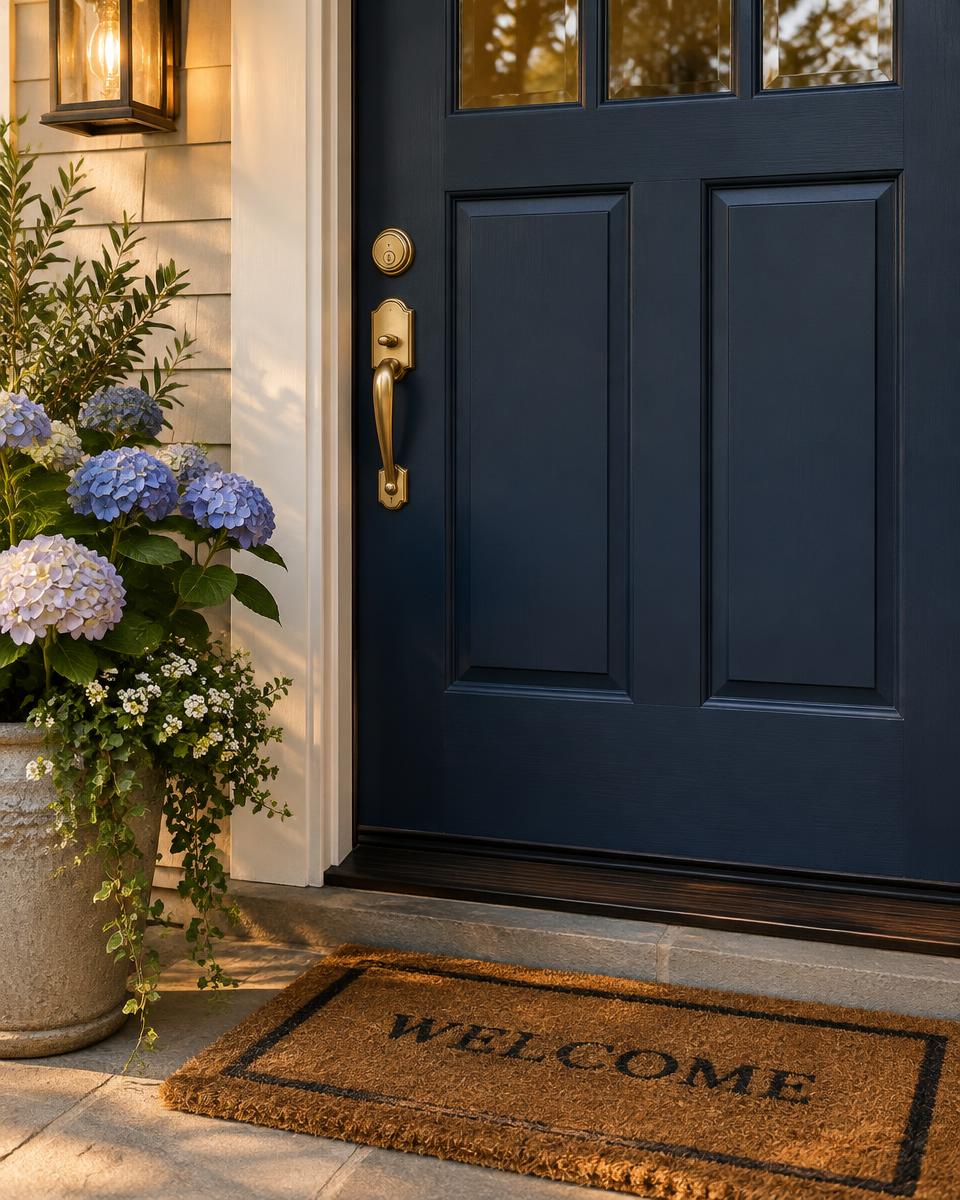 A navy front door with a welcome mat